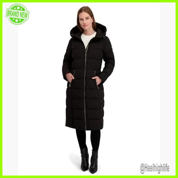 Long Stretch Maxi Puffer Jacket with Hood, PU Trim, Side Zippers - Picture 4 of 5